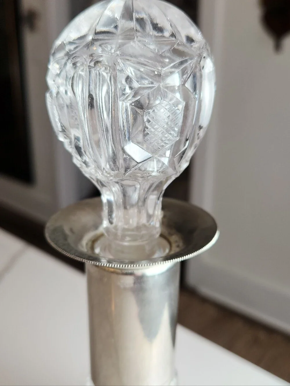 Vintage Cut Glass Ship's Captain Decanter with Silver Collar & Faceted Stopper